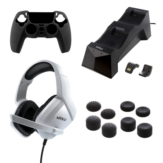 Deluxe Master Pak for PlayStation®5 | Dual Controller Charge Base | High Quality Wired Ergonomic Headset Designed for Over Ears | Silicone Grip