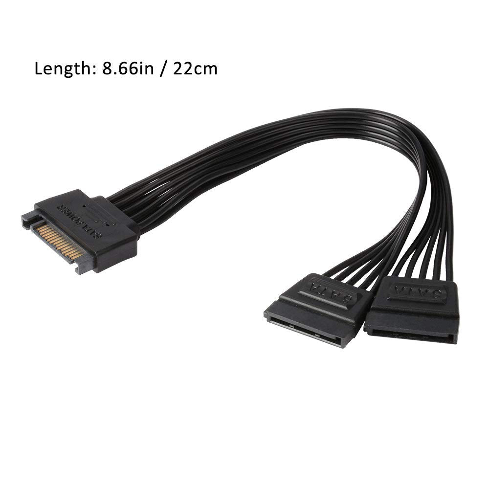 J&D 15 Pin SATA Power Y Splitter Cable (2 Pack), Male to Female, 8 inch