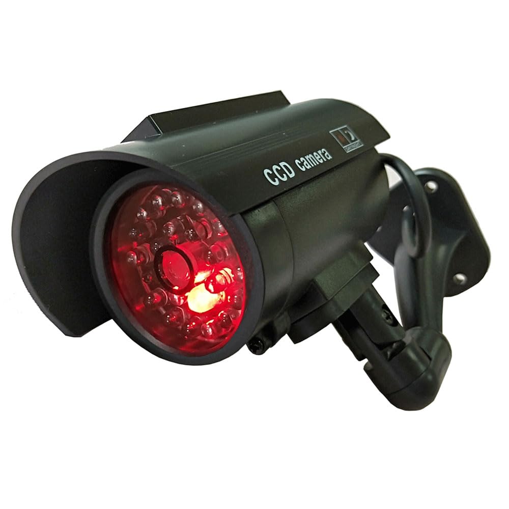 Solar Powered Dummy Fake Security Camera Bullet CCTV Surveillance with Simulated LED Realistic Red Flashing Light and Security Warning Sticker Decal
