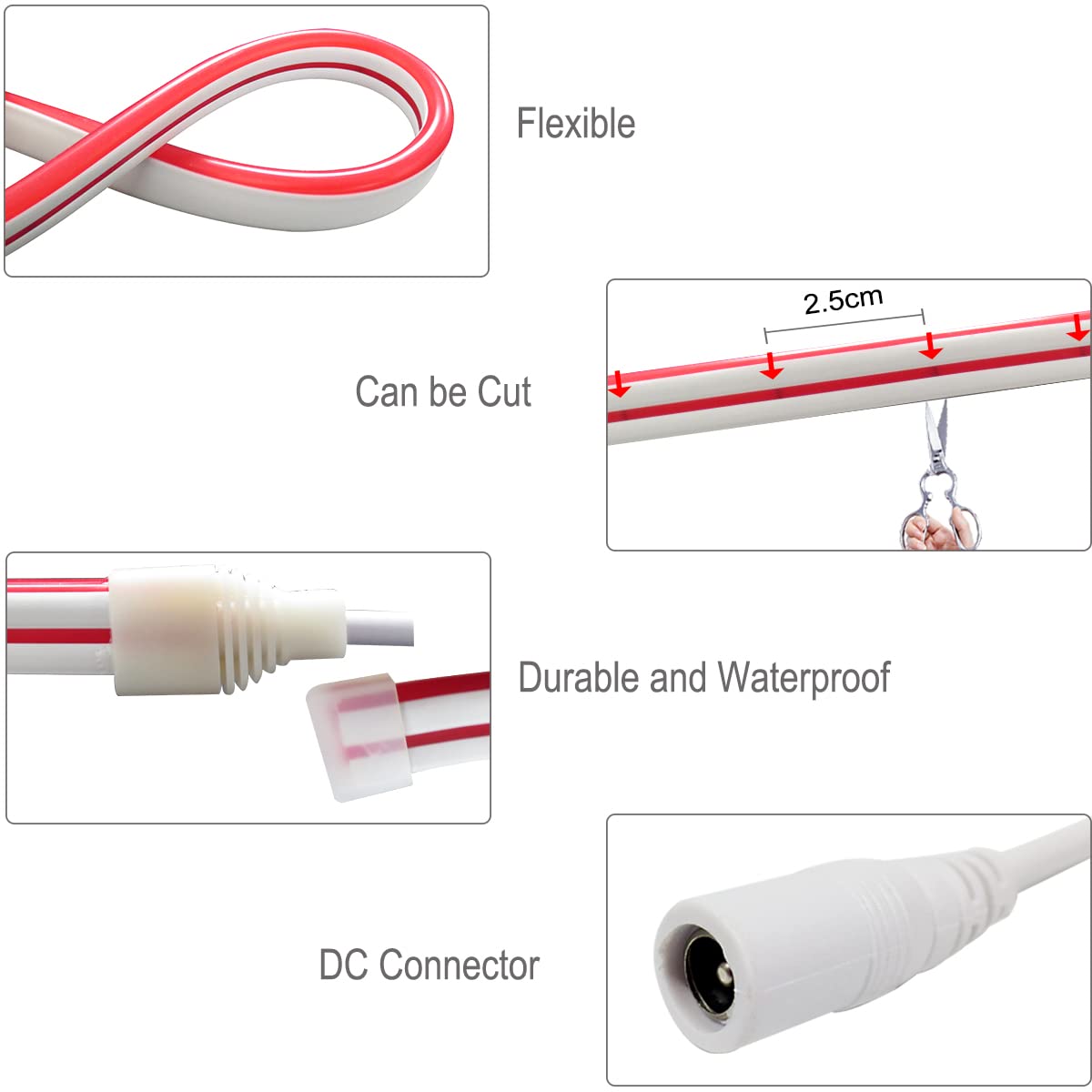 Tesfish Neon LED Strip Lights, DC 12V, 16.4ft 120 LEDs/M Total 600 LEDs Red Flexible Rope Light Strips for Bar, Playroom, Birthday, Christmas Party