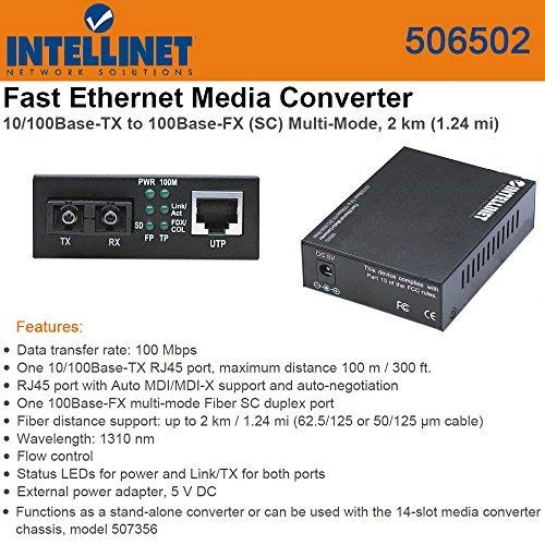 Intellinet Fast Ethernet Media Converter, 10/100 RJ45 to 100Base-FX SC Multimode Fiber, 100 Mbps, Up to 1.24 Miles, Auto MDI/MDI-X - 506502