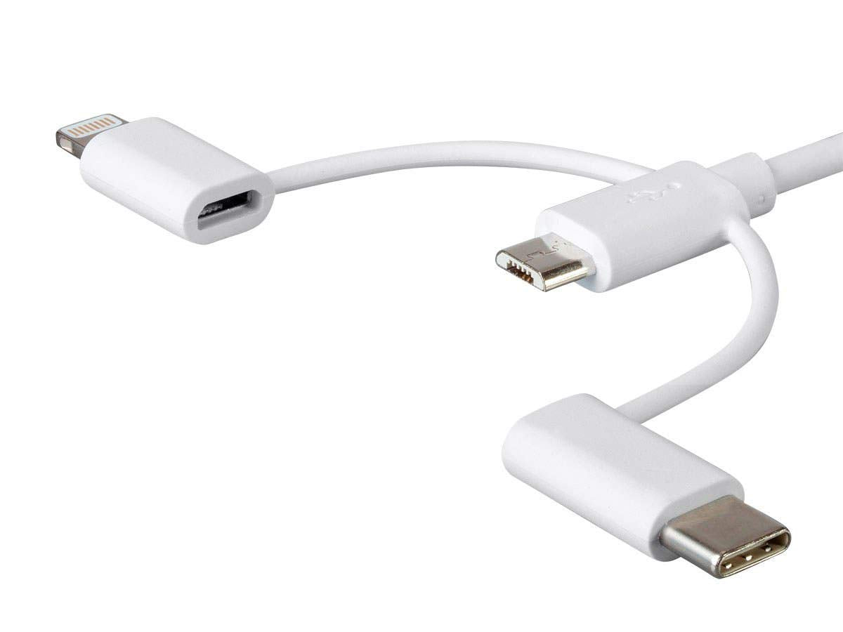 Monoprice 3-in-1 Multiport USB to USB Micro-B + USB-C + Lightning Charging Cable - 3 Feet, White - Essential Series