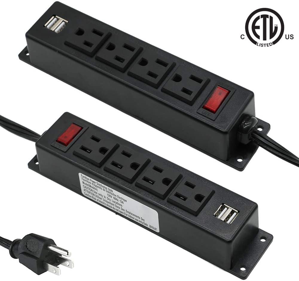 Mountable Power Strip with USB Ports,Wall Mount Power Outlets Screw Down Power Socket in Desk Under Cabinet Power Station 4AC Outlet 2 USB 6.56 Feet