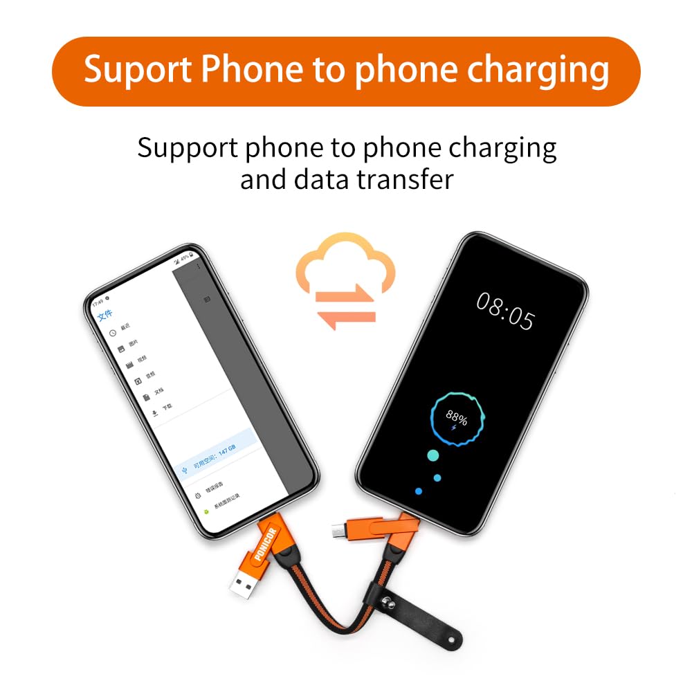 PONICOR 6 in 1 Short Keychain Multi Charging Cable 3A Fast Charger Cord, Nylon Braided USB C Cable for Travel, Universal Charging Cable for Cell