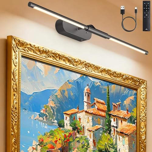 Glendan Wireless Picture Light for Wall: 24" Rechargeable Art Light with Remote & Timer, 8000mAh Battery Operated Poster Lights, 3 Color Modes & 3