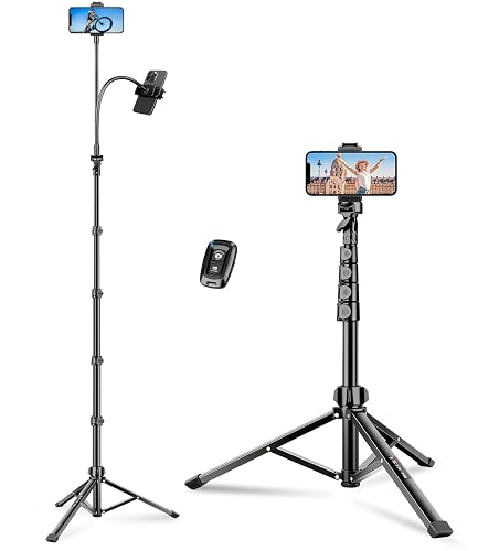 Phone Tripod, 86" Tall Tripod Stand with Gooseneck and Remote, Suitable for Recording Fitness Vlog Watching Cooking, Compatible with Smartphone