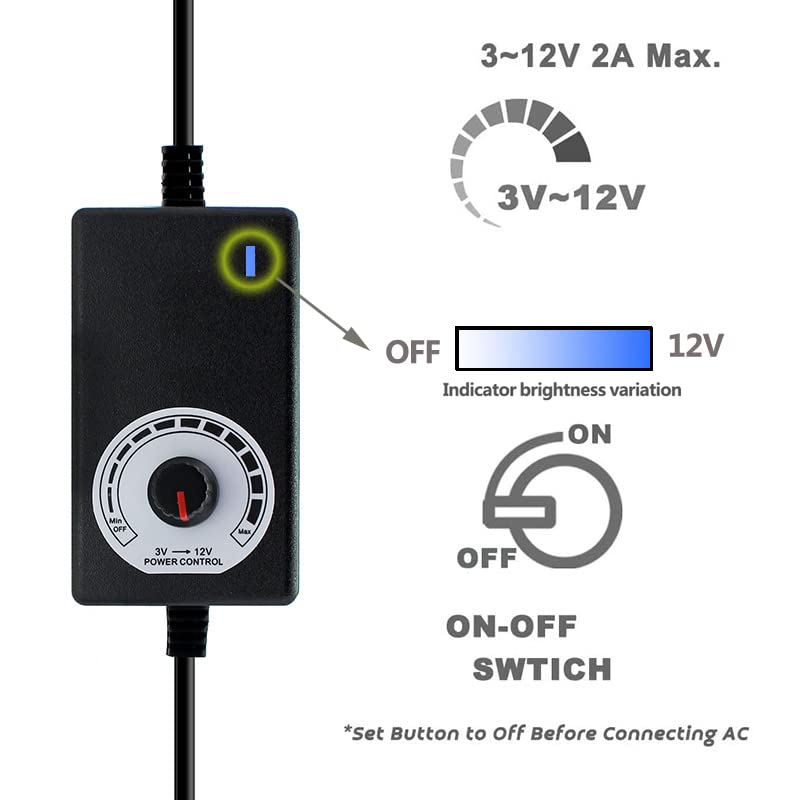 Delinx Triple 3-Pin and 4-Pin PC Fan Power Adapter, 12V Fan Speed Controller,100-240vAC to 3-12vDC Adjustable Power Supply