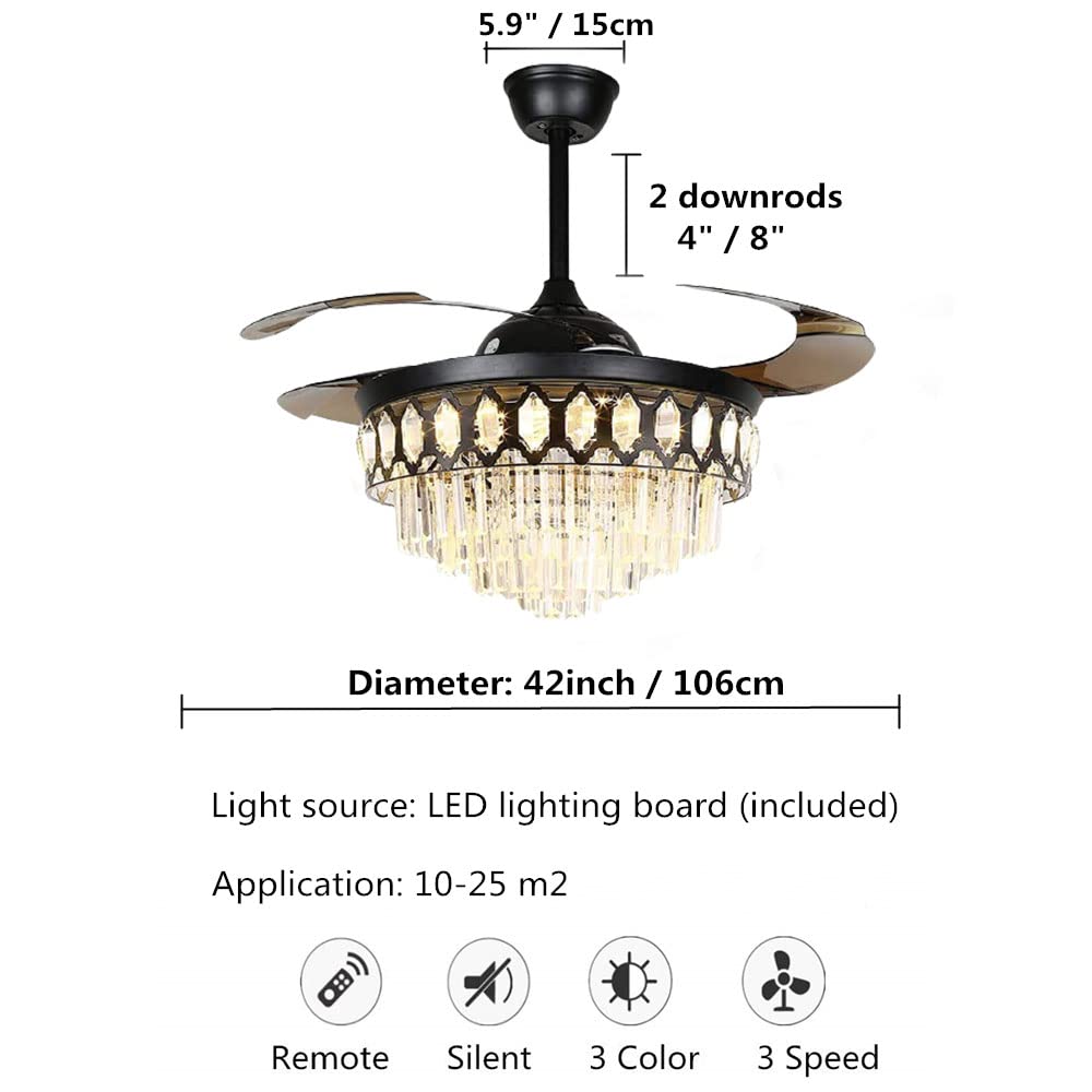 A Million 42" Modern Ceiling Fan with Light Crystal Black Chandelier Remote Retractable Amber Blades 3 Speeds 3 Colors Ceiling Fans Lighting Fixture