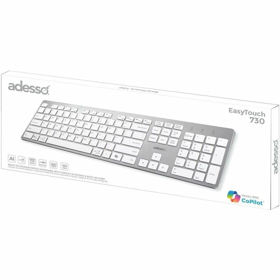 Adesso EasyTouch 730UW USB-C Multi OS Scissor Switch Keyboard with Copilot AI Hotkey and USB-C, USB-A, 3.5mm Aux Ports
