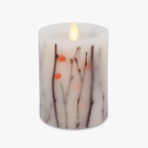 Luminara Embedded Flameless LED Candle Orange Berries & Twigs Pillar 3.2" x 4.5" - Moving Flame Pillar, Battery Operated Timer, Real Wax, Unscented