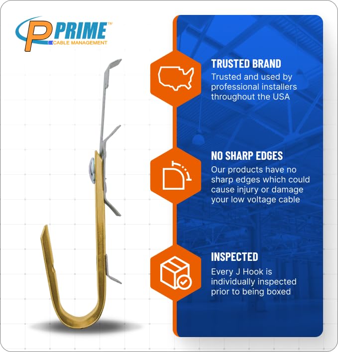 Prime Cable Management 3/4 Heavy Duty Metal Cable & Wire Support Batwing J-Hook Hangers with Bat Wing Clip for attaching ceiling wire & threaded rod