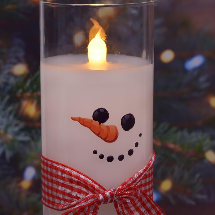 Mark Feldstein & Associates Pre Lit LED Flameless Skinny Winter White Snowmen Wax Filled Glass Pillar Candles, Set of 3, 9 Inch