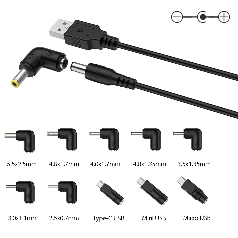 LIANSUM USB to DC 5V Power Cord, Universal DC 5.5x2.1mm Plug Jack Charging Cable with 10 Connector Tips(5.5x2.5, 4.8x1.7, 4.0x1.7, 4.0x1.35, 3.5x1.35