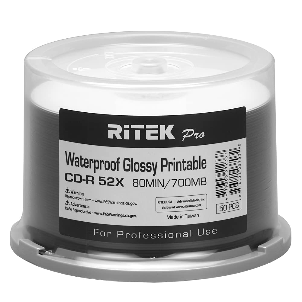 50 Pack Ritek Pro (Professional Grade) CD-R 52X 700MB Watershield Water Resistant Glossy White Inkjet Hub Printable Blank Recordable Disc,Light