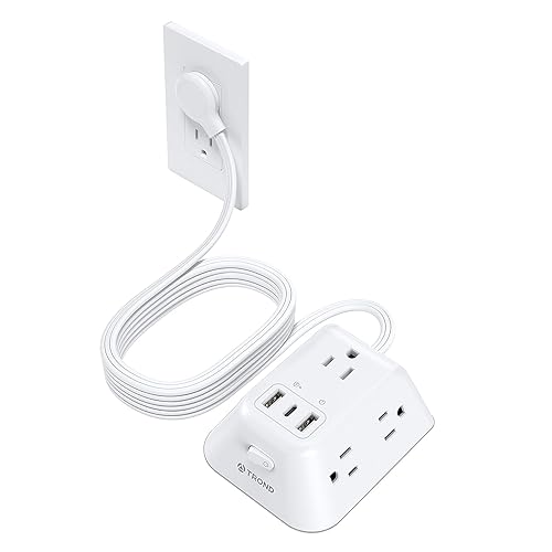 TROND 15ft Long Extension Cord, Ultra Thin Flat Plug Power Strip, 5 Widely-Spaced AC Outlets and 3 USB Ports, 1440J Surge Protector, 3-Sided Wall