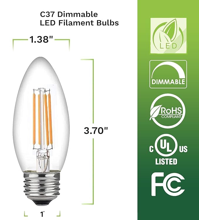 Bioluz LED 93 CRI Dimmable Filament Candelabra Light Bulbs | E26 Base C37 | Clear LED Candle Lights (Uses only 5W) | Energy Efficient 6-Pack | 60W