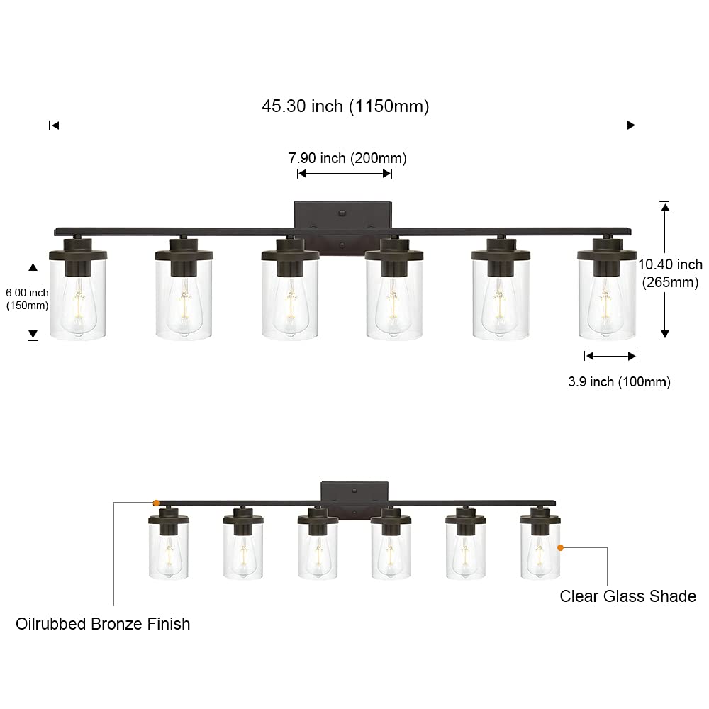 QueeuQ Oil Rubbed Bronze Bathroom Vanity Lights 6 Light, Bronze Vanity Lighting Fixtures with Glass Shade,Industrial Bathroom Light Fixtures Wall