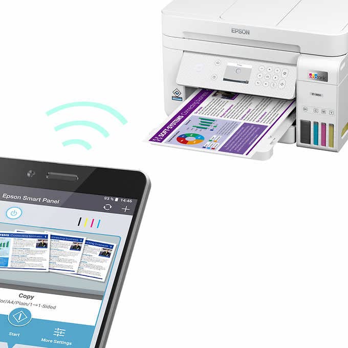 Epson EcoTank Wireless Color All-in-One Cartridge-Free ET-3850 Supertank Inkjet Printer for Home Office, Scanner, Copier, ADF and Ethernet, Mobile