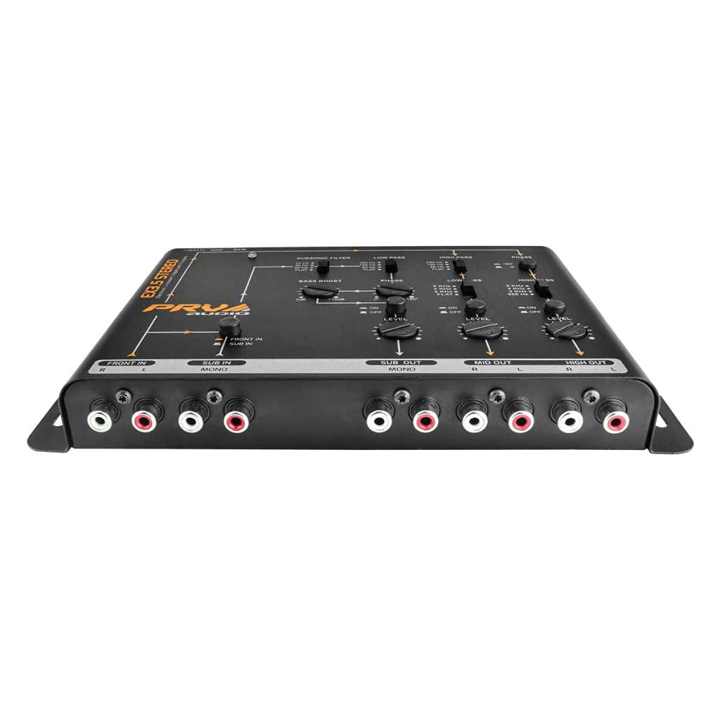 PRV AUDIO Crossover Car Audio EX3.5 Stereo 3 Way or 2 Way Electronic Crossover 9 Volts, 4 in 6 Out RCA Channels Car Sound Processor