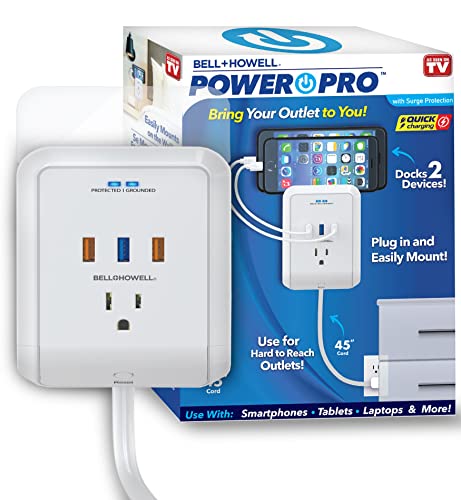 Power Pro Outlet Extender with 45” Cord - Easy-Install Power Strip Electric Surge Protector, USB Wall Charger, 3 Power Outlets, Docking Station