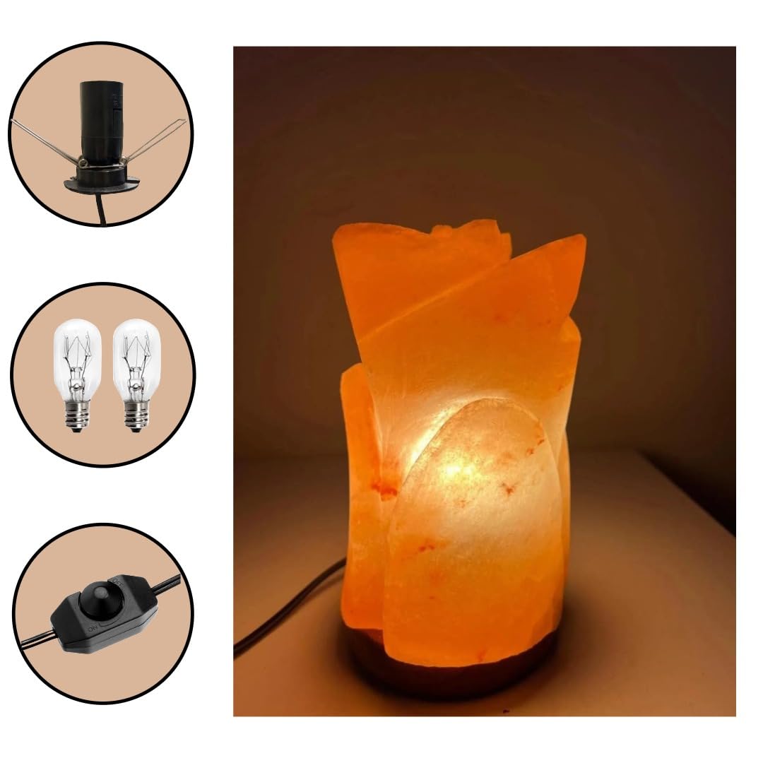 NatureBoost Himalayan Pink Salt Lamp - Flower Shape - Hand-Carved Natural Crystal Salt Rock with Wooden Base Ideal Gift & Home Décor