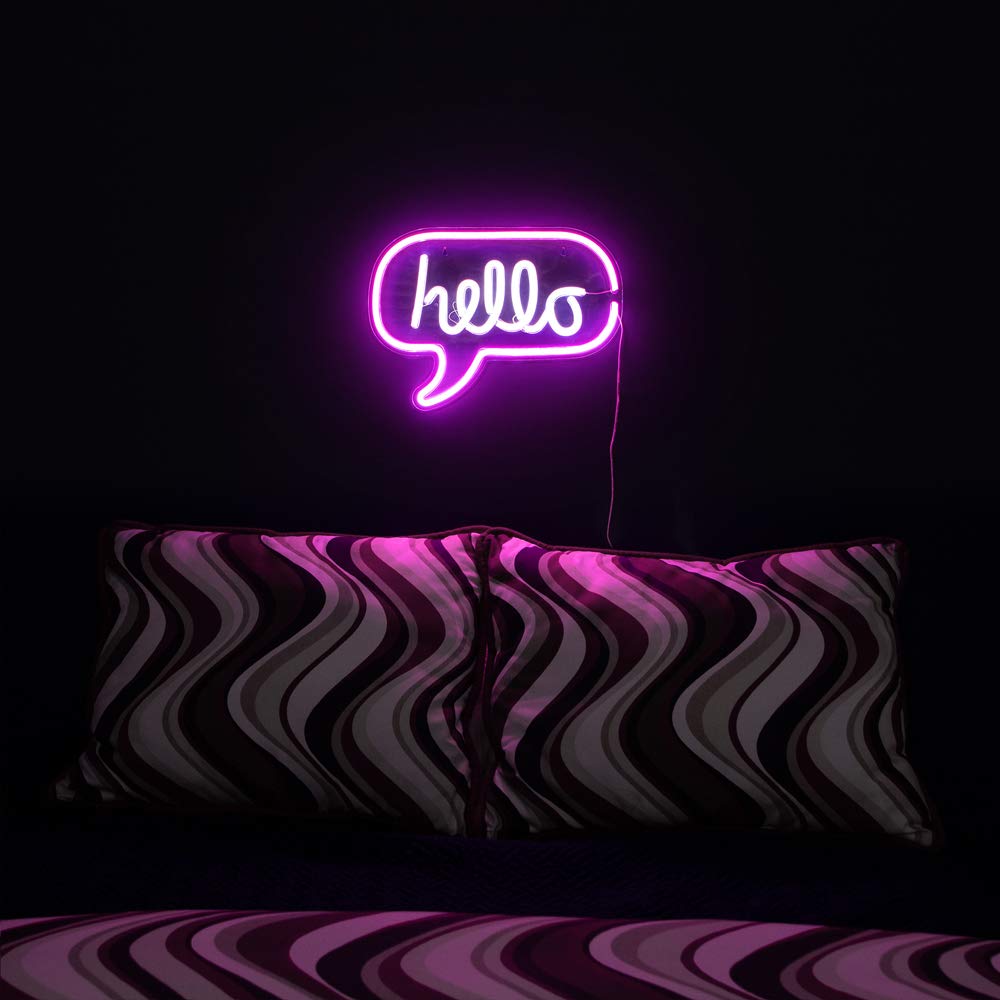 Isaac Jacobs 17” x 12” inch LED Neon ‘White & Pink “hello” Word Bubble’ Wall Sign for Cool Light, Wall Art, Bedroom Decorations, Home Accessories