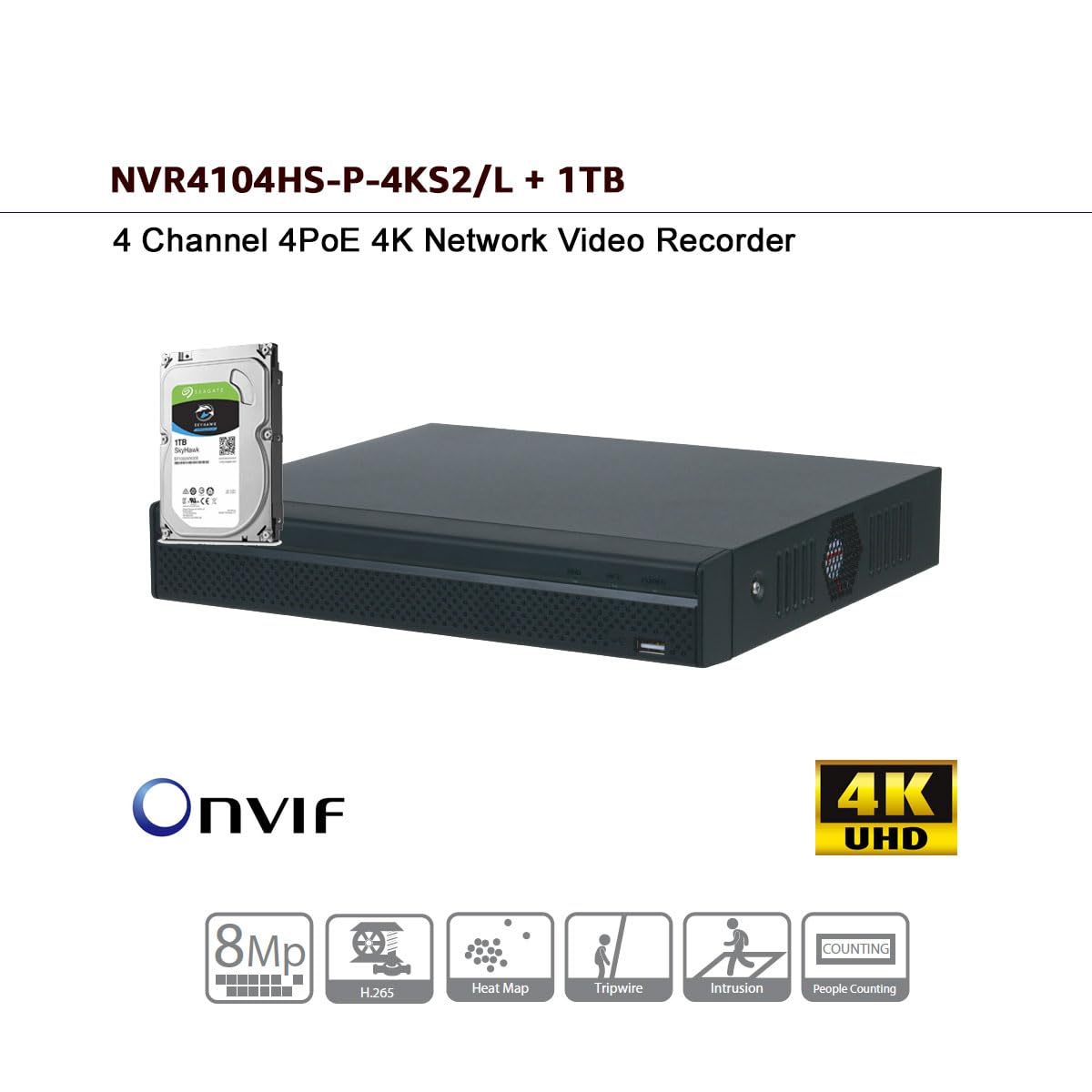 esecure NVR4104HS-P-4KS2/L 4CH 4POE 4K AI Lite Compact 1U NVR with 1TB Hard Drive Preinstalled, 4 Channel NVR Network Video Recorder