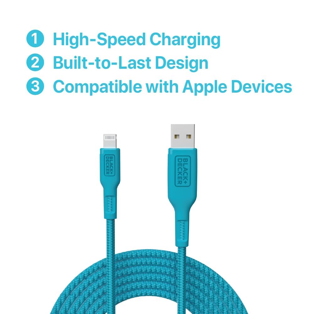 BLACK+DECKER Lightning to USB Cable - Fast Compatible iPhone Lightning Cable - Durable Braided iPhone Charger Cord - for Travel and Daily Use
