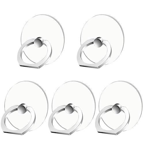 Kinizuxi Cell Phone Ring Holder Stand 5 Pack Silver, Transparent Phone Ring Holder Grip Finger Kickstand, 360° Rotation Phone Ring for Phone Cases