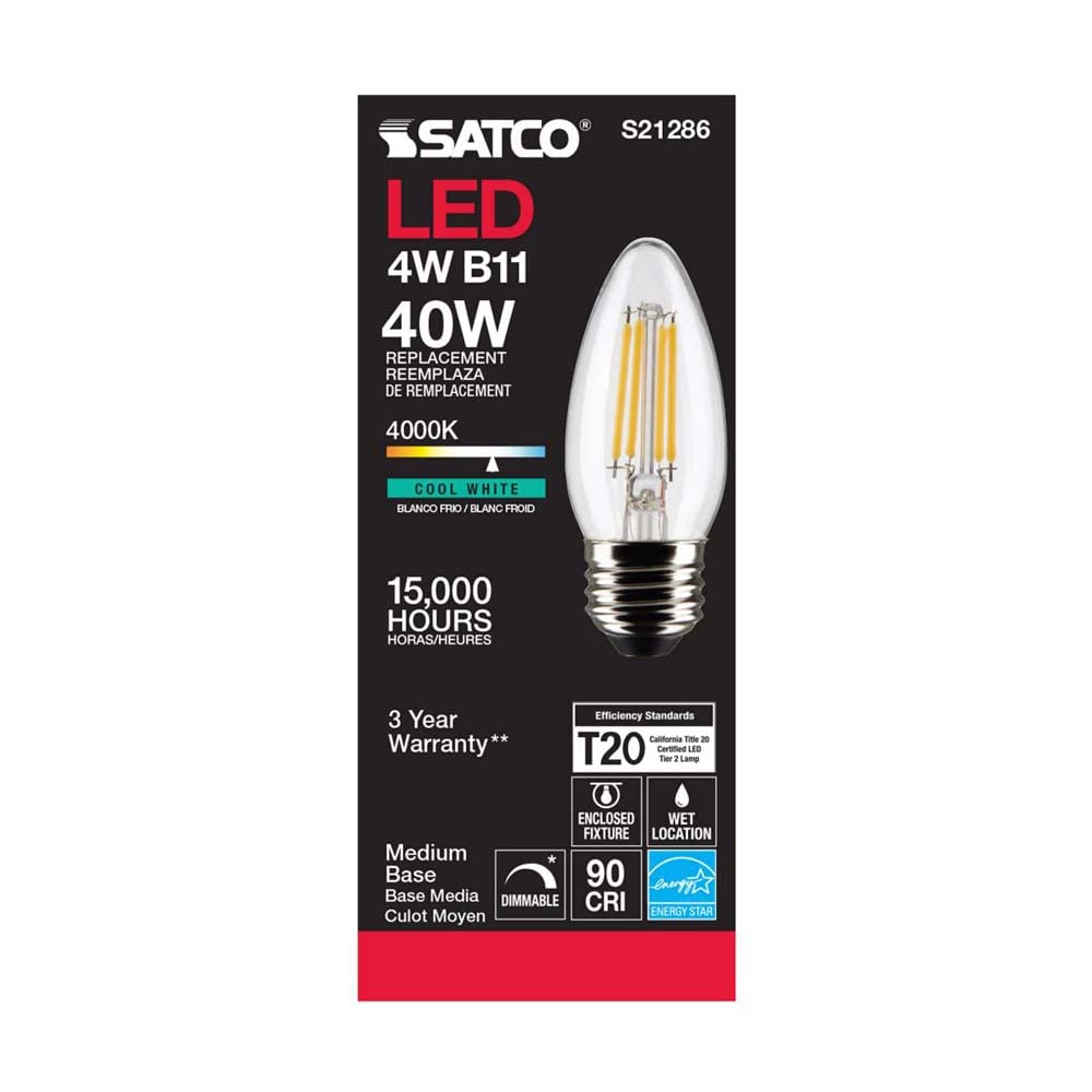 Satco 4-Watt LED E26 Light Bulb, 4000K, 15000 Hour Rating, Dimmable