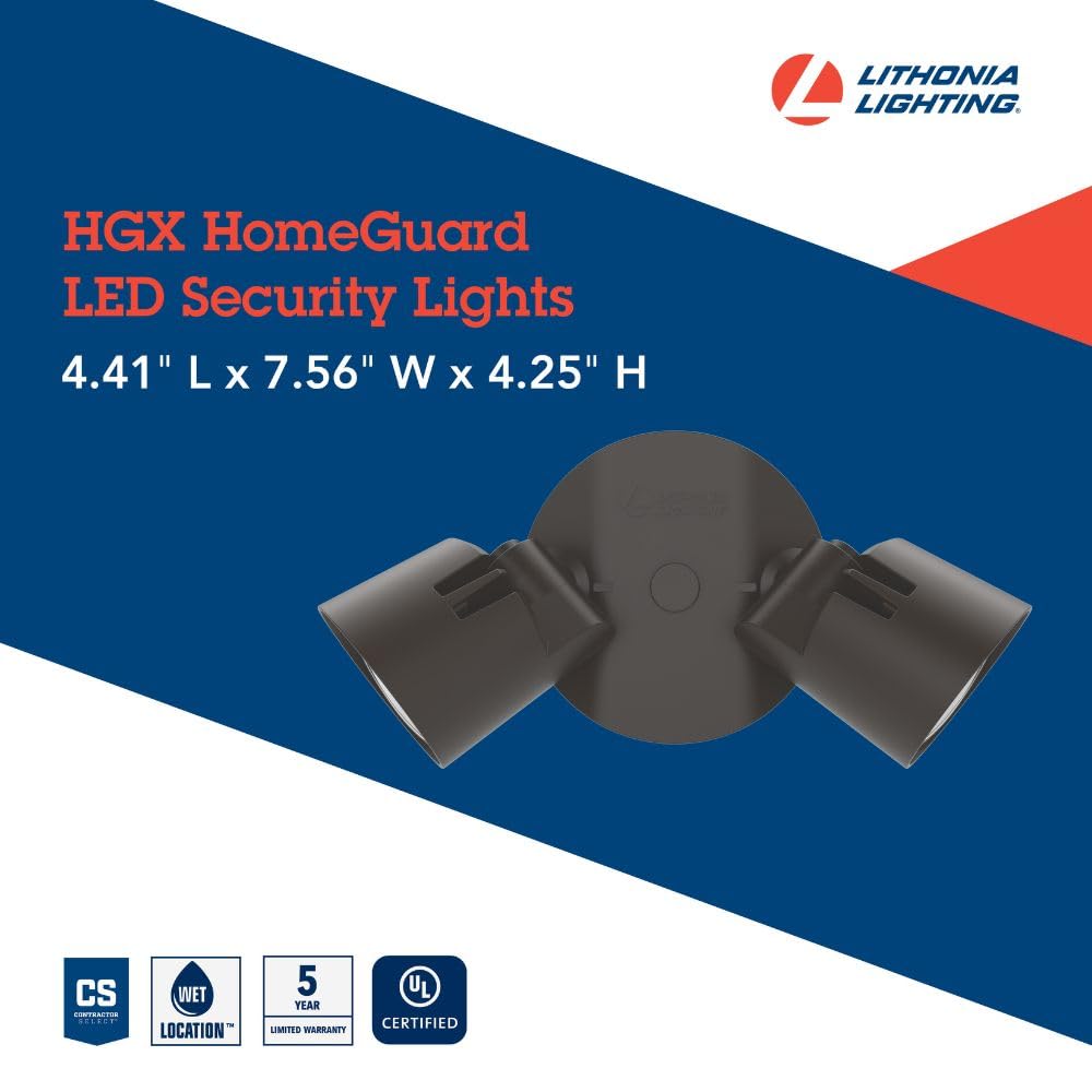 Lithonia Lighting HomeGuard 2-Light LED Outdoor Flood Lights, Wall or Ceiling Mount Outdoor Lights, 4000K Cool White, Round Heads, Dark Bronze (HGX