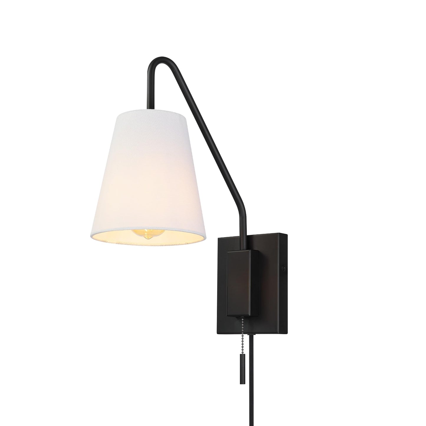 Globe Electric 65000043 1-Light Plug-in or Hardwire Wall Sconce, Matte Black, White Fabric Shade, Swing Arm, 6ft Black Braided Fabric Cord, On/Off
