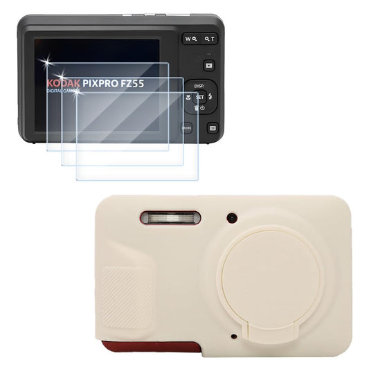 Screen Protector (3+1Pack) Compatible for Kodak PIXPRO FZ55 Digital Camera,Tempered Glass Film Anti-Scratch High Definition and Soft Silicone Case