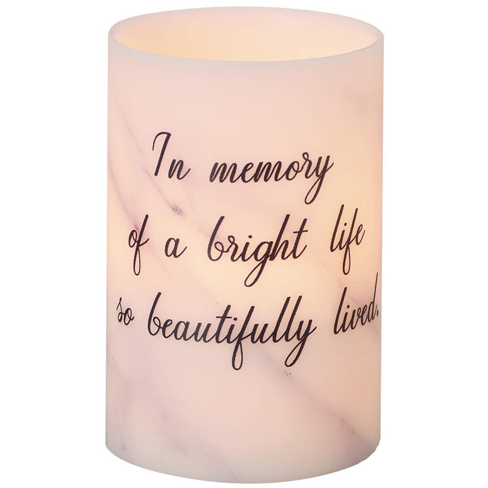 Beautifully Lived Memorial White Marble Tone 4 x 6 Wax LED Flameless Candle
