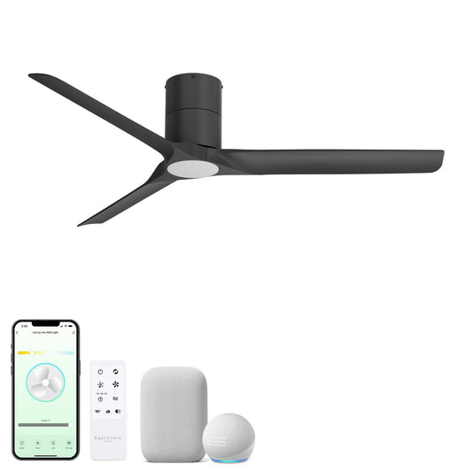 East Grove Home Delta 52in 3-Blade Smart Flush Mount Ceiling Fan 2700K-6000K CCT Tunable Range LED Light Kit with Matte Black Hardware in Matte Black
