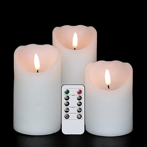 Eldnacele Battery Operated Flameless Candles with Remote and Timer, Set of 3 White Real Wax LED Pillar Candles 3D Wick Flickering Dimmable Light