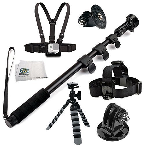 SSE Accessory Kit for GoPro HERO+, HERO4 Session, HERO4, HERO3+, HERO3, HERO2, HERO, & HERO+ LCD. Includes SSE 48" High Grade Heavy Duty Extendable