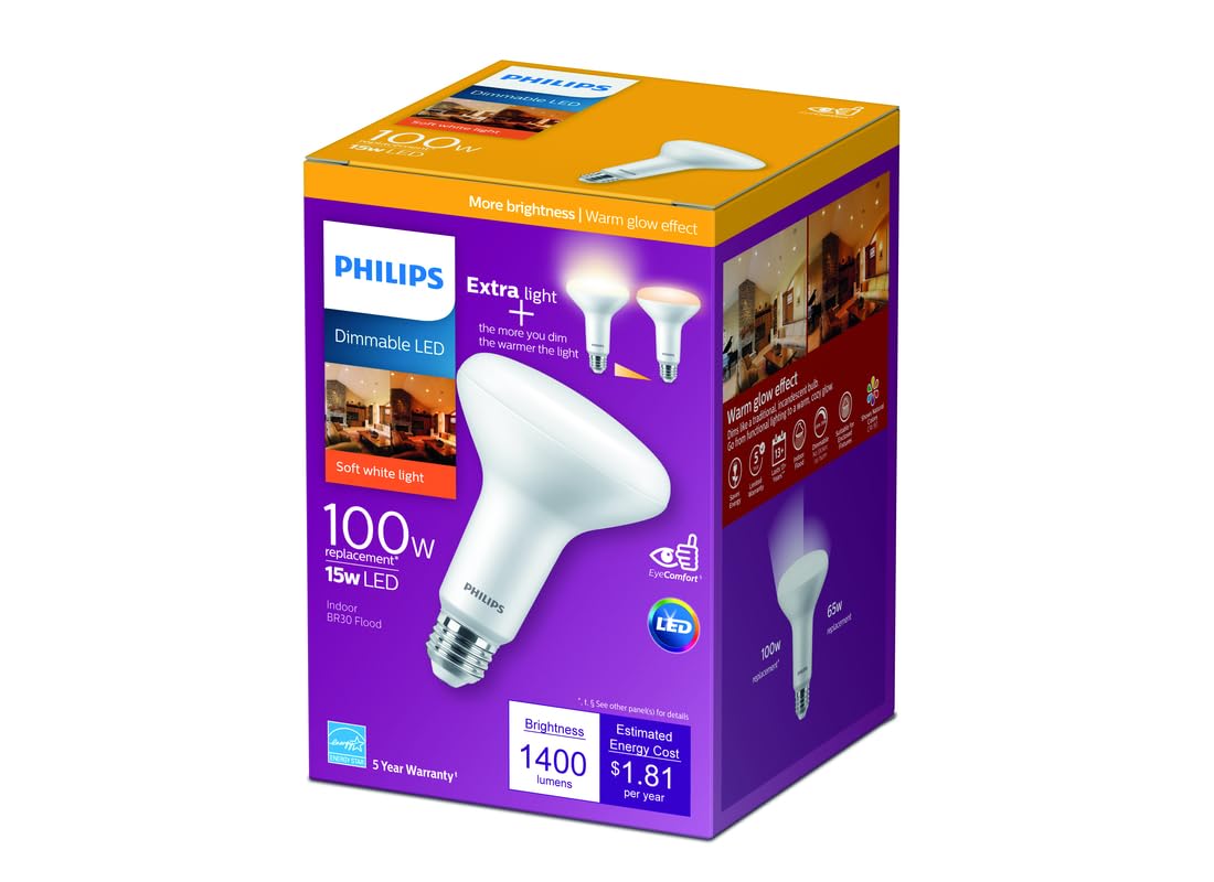 Philip Philips BR30 LED Indoor Flood Bulb with Warm Glow Effect,1400-Lumen,2700-2200-Kelvin,15 Watts (100-Watt Equivalent),E26 Base,Soft White