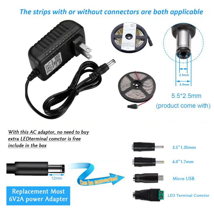 Bawofu AC/DC Adapter 6V 2A 1.5A 1A 0.5A Adapter Power Supply 6V Power Cord 12W 100-240V 50-60Hz with 5.5 x 2.5mm DC Plug Compatible 6 Volt 200ma…