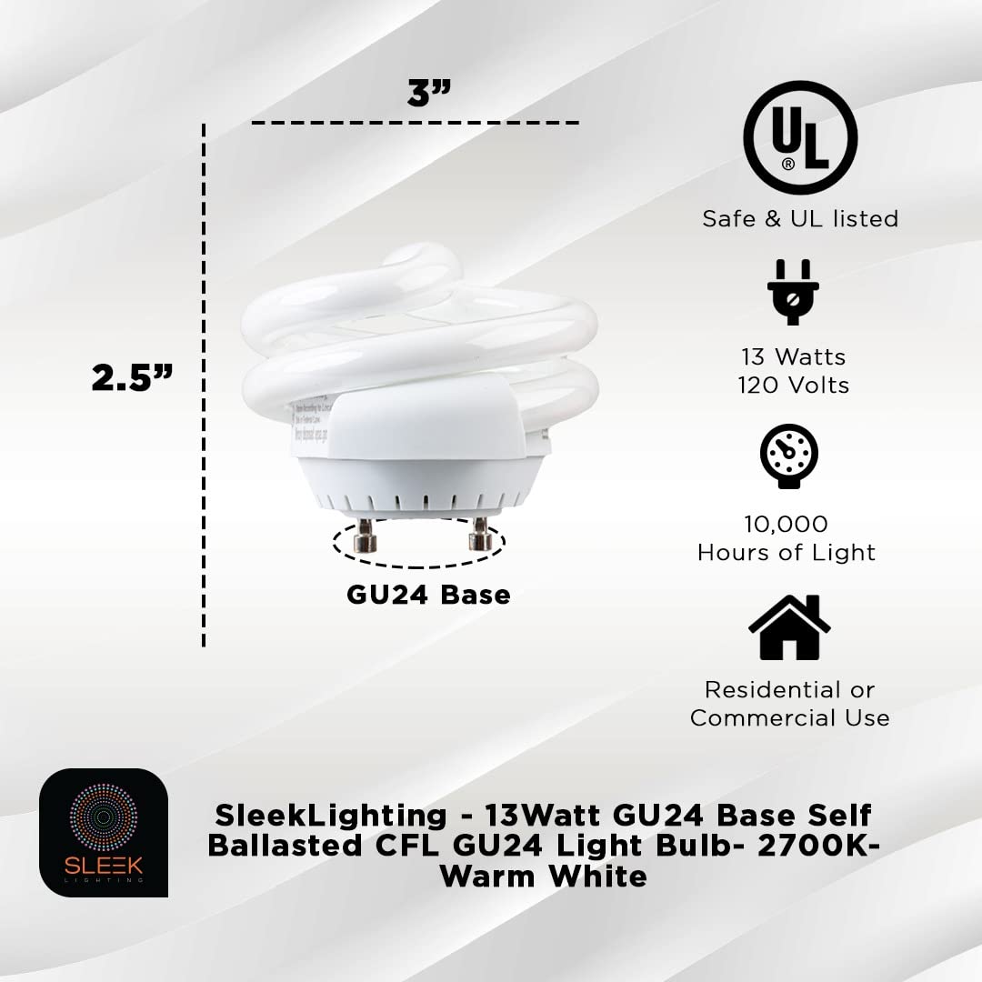 SLEEKLIGHTING GU24 13W T2 Spiral CFL Puck Light Bulb 2700K Warm White 2-Prong