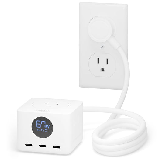 Plugable 67W USB C Power Strip, Charging Station Extension Cord with Multiple Outlets, Flat Wall Plug and Watt Meter, 3X USB-C, 3X AC Power Outlets