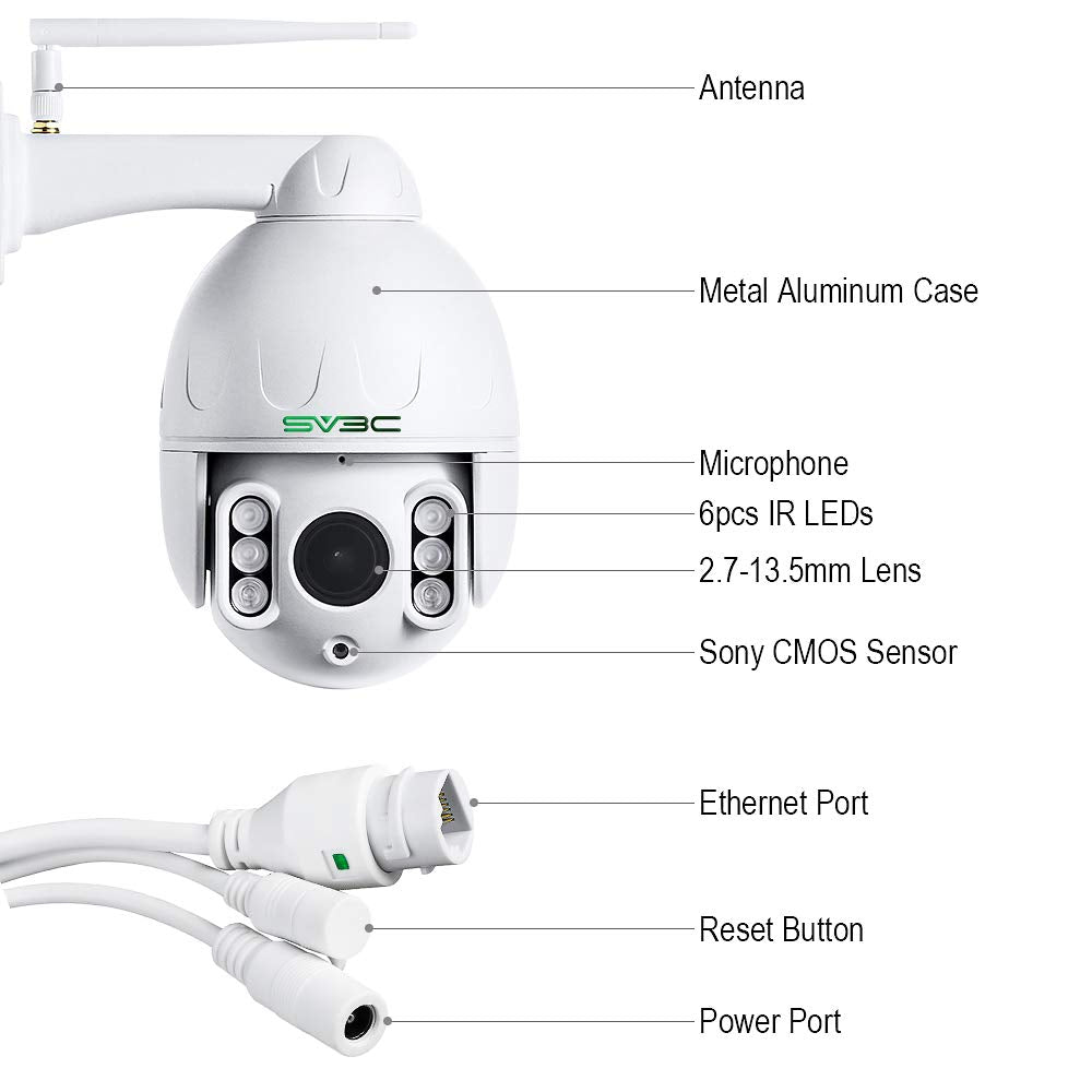 SV3C 1080P Outdoor PTZ WiFi Camera, ONVIF Security IP Camera with Auto Tracking, 197ft HD Night Vision, 5X Optical Zoom, Two-Way Audio, Waterproof