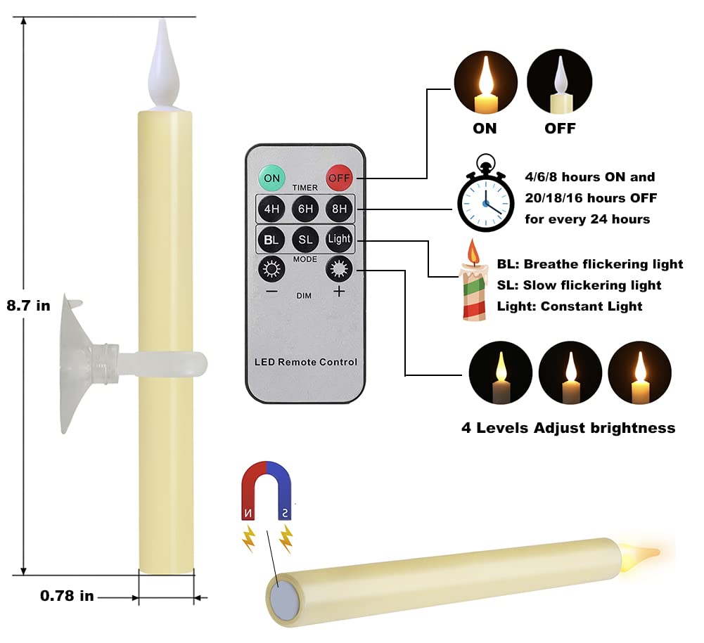 ShareMoon Window Candles Flickering Battery Operated with Remote and Timer, 9 Pack Electric Flameless Taper Candles with Magnetic Base for Christmas