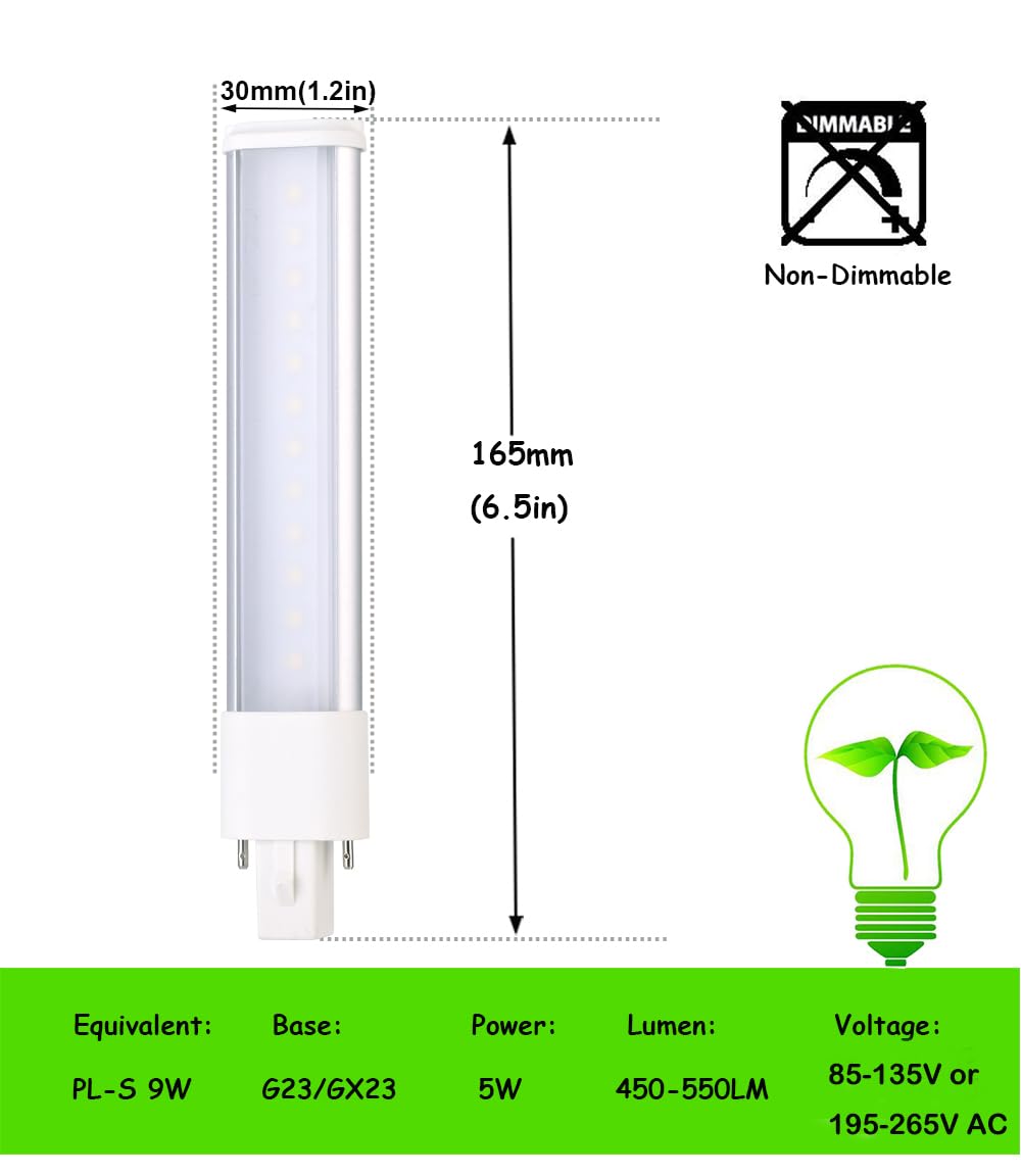 E-Simpo 2pcs 5W GX23 LED Bulb 2-Pin PL Retrofit Lamp CFL 9W PL-13W Replacement 180° View Angle WW 3000K PL Horizontal Recessed Down Light Bulb(Need