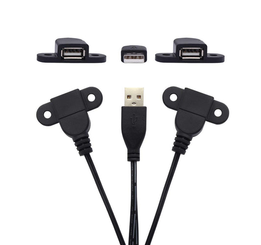 USB 2.0 Male to Dual Female Charging Extension Cable, Furniture nightstand Sofa Electric Vehicle on-Board Charging Port, Panel Mount Cable with Screw