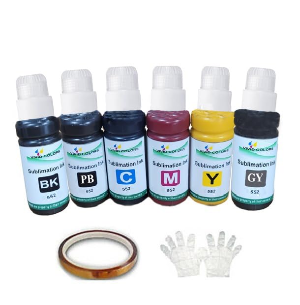 Vivid Colors 6 Pack (100ml/per Bottle) T552 552 Dye Sublimation Ink w Special Refill Bottle for ET-8500 ET-8550 Heat Transfer on DIY Mugs Plates