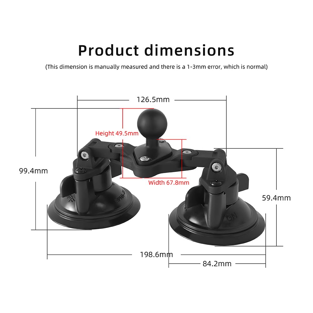FPN Dual Suction Cup Mount Base with 1-Inch Ball, Compatible with RAM Mounts B Size Double Socket Arms & 25mm Ball Systems