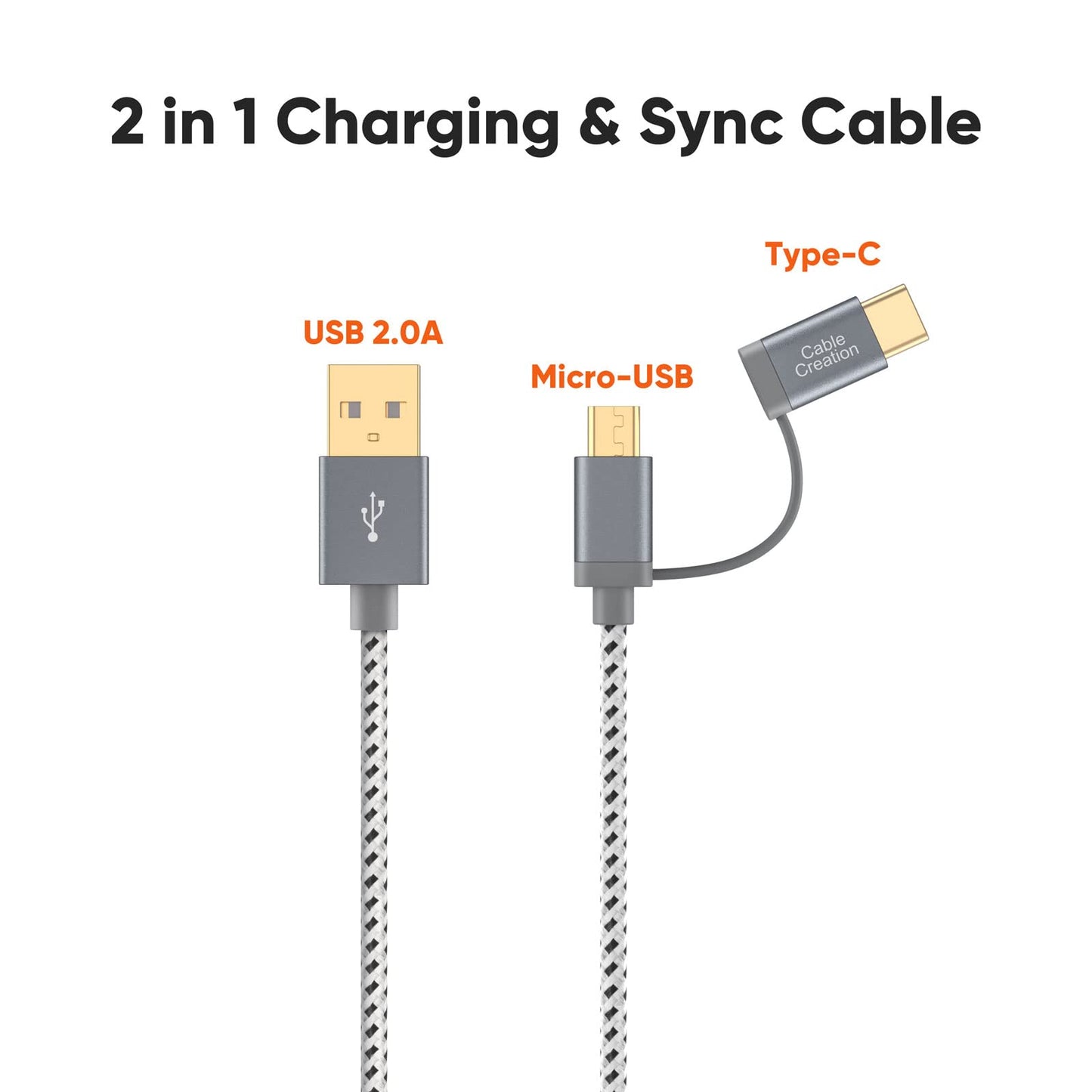 CableCreation 2 in 1 USB C Cable 0.8ft, Braided Micro USB + USB C to USB A Fast Charge Cord Compatible with Galaxy S22 Ultra Note 8, Pixel XL, Android