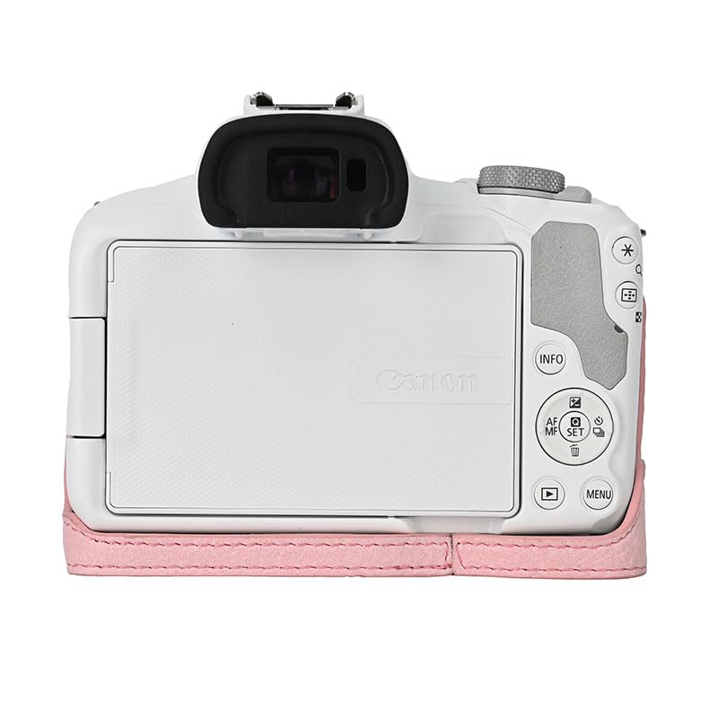 R50 Case, BMAOLLONGB Handmade PU Lichee Leather Half Camera Case Bag Cover Bottom Opening Version for Canon Eos R50 with Hand Strap (Pink)