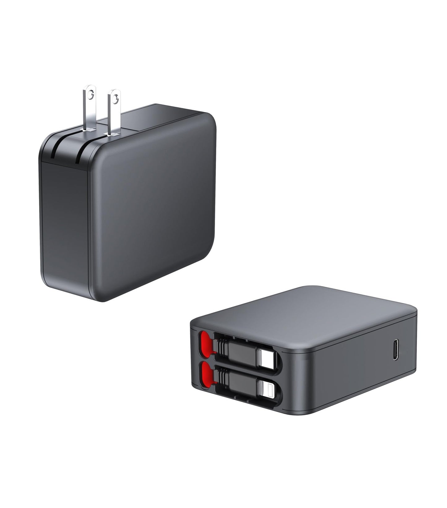 Wall Charger, GaN Fast Charging, Retractable Dual Cables, USBC Port, Folding Plug, Compact Travel Multi Charging Block for iPhone, Samsung, Tables